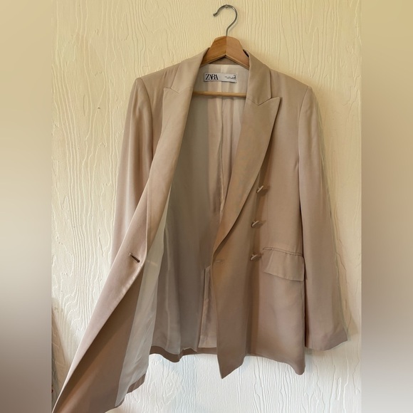 Zara Double Breasted Satin Effect Cream Tan Mink Blazer Suit Jacket Bridal - Picture 15 of 17